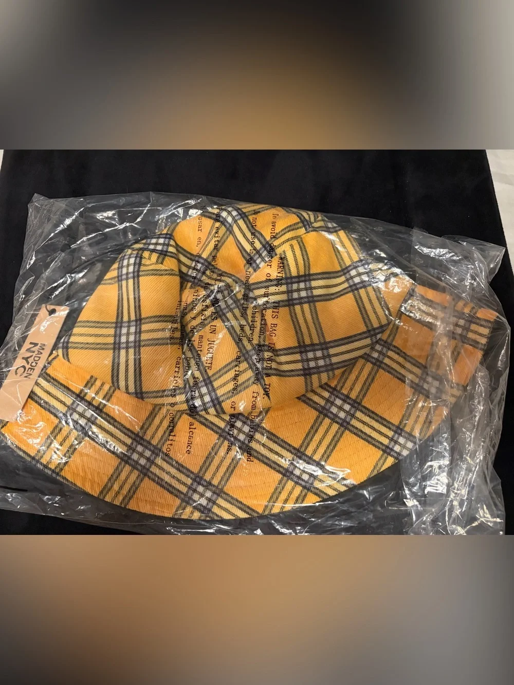 Steve Madden Yellow Plaid Bucket Hat with Gold Logo